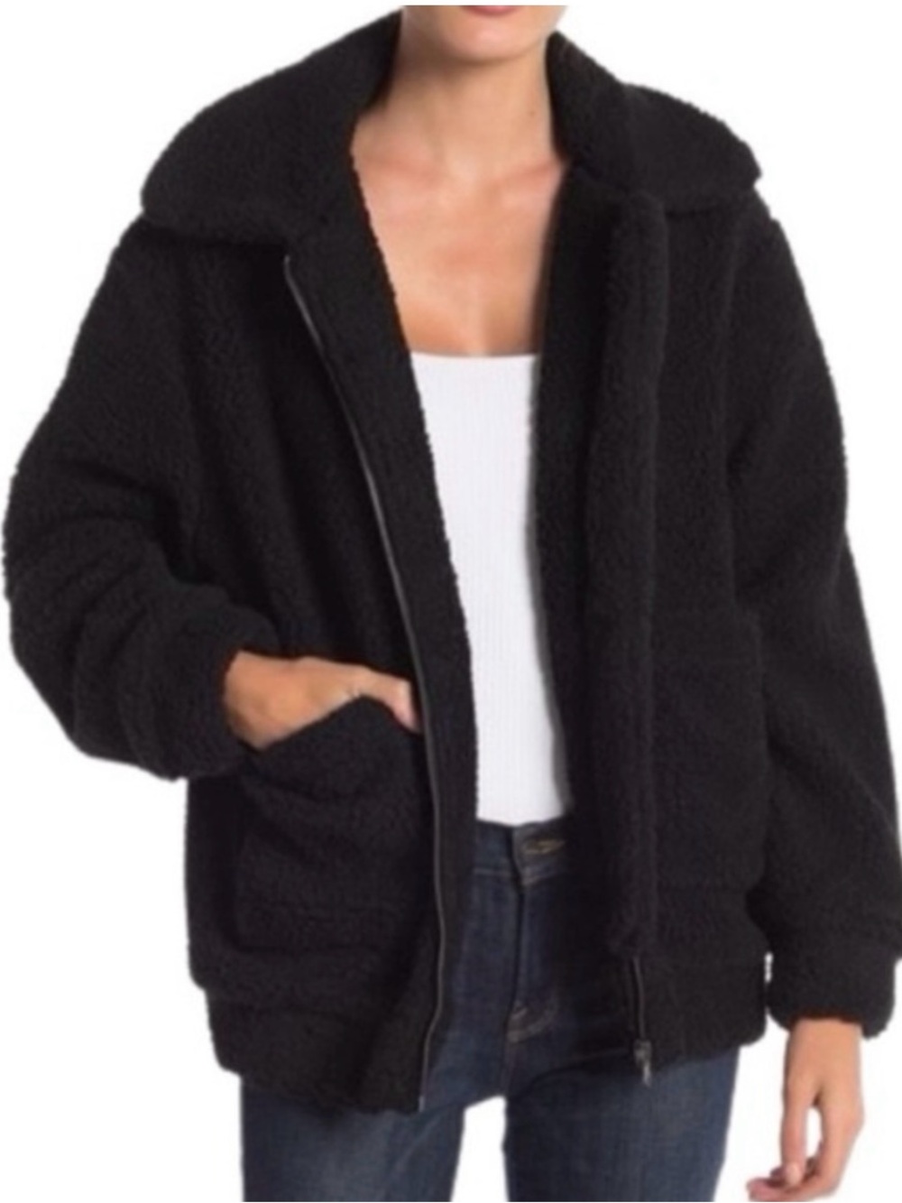 Anthropologie Elodie Black Teddy Faux Fur Sherpa Jacket w/ Pockets Size Small